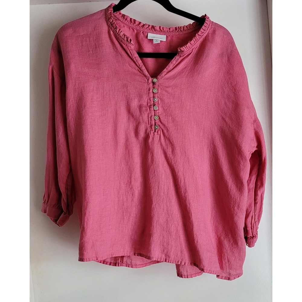 J.Jill Womens S Petite Linen Blouse Pink Collared 3/4 Sleeve Solid Top Shirt